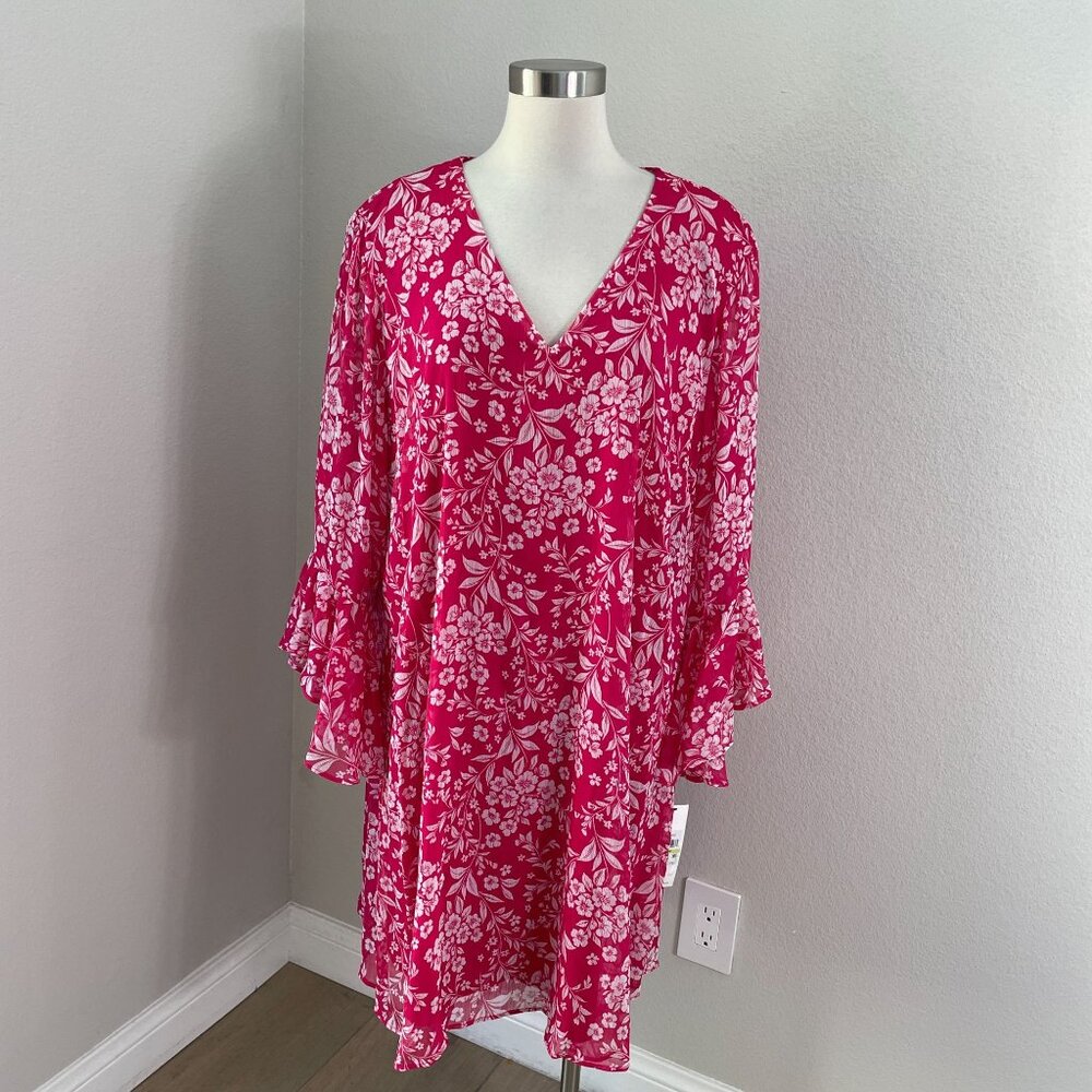 NEW Calvin Klein Womens Plus‎ 18W Pink White Floral V Neck Dress Bell Sleeve